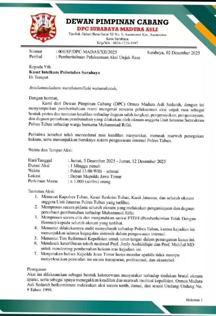 DPC Ormas Madura Asli Sedarah Gelar Aksi Unjuk Rasa di Depan Mapolda Jatim, Tuntut Keadilan atas Kasus Dugaan Kekerasan Oknum Polres Tuban