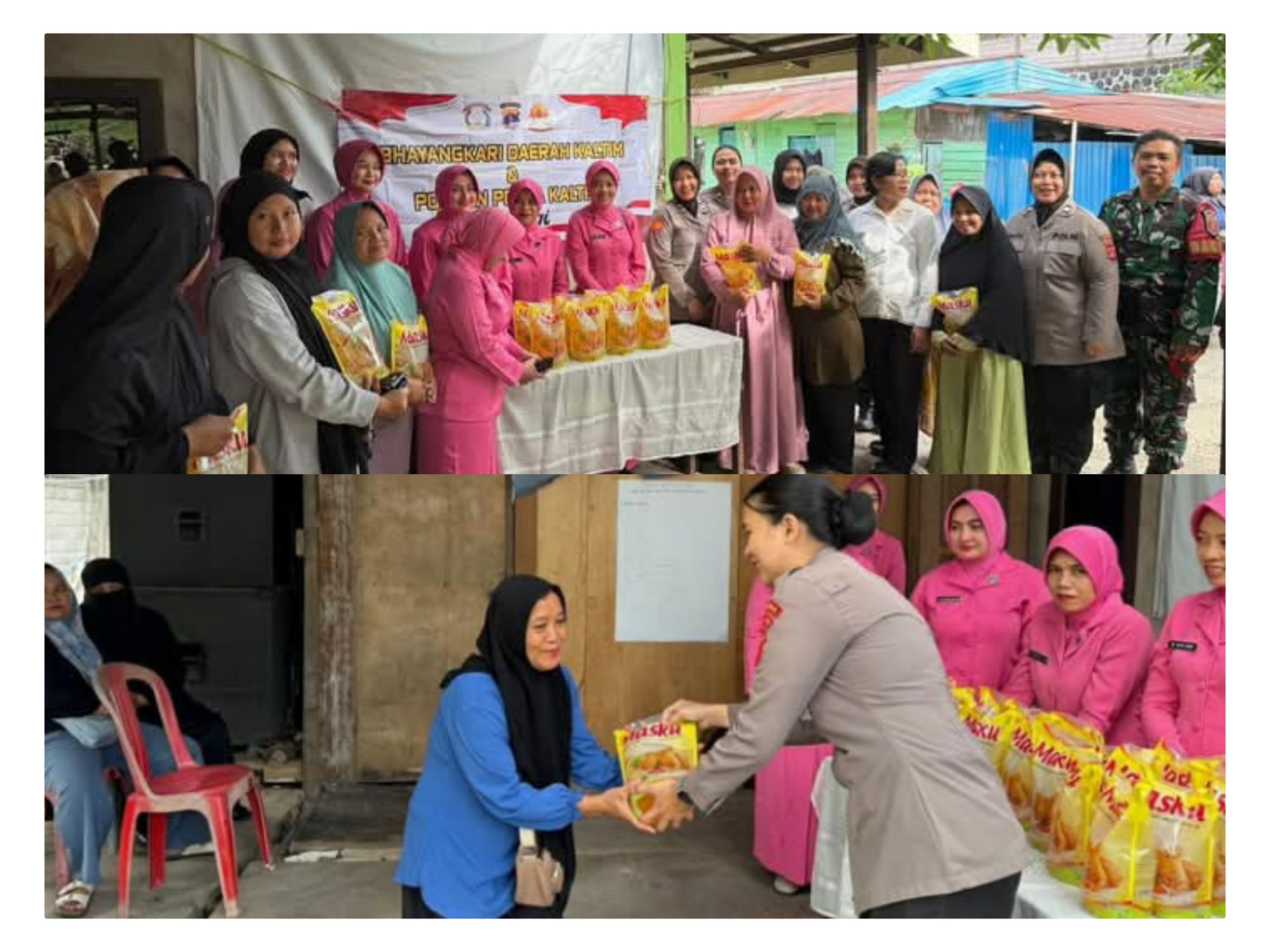 POLWAN DAN BHAYANGKARI POLDA KALTIM LAKSANAKAN KEGIATAN SOSIAL, SALURKAN BANTUAN KEPADA WARGA WILAYAH GUNUNG SAMARINDA BARU
