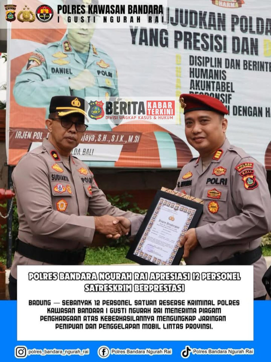 “12 Personel Satreskrim Polres Kawasan Bandara I Gusti Ngurah Rai Terima Penghargaan – Sukses Ungkap Jaringan Penipuan dan Penggelapan Mobil Lintas Provinsi”