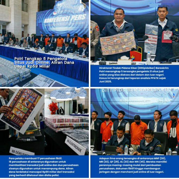 DIREKTORAT TINDAK PIDANA SIBER BARESKRIM POLRI MEMBONGKAR JARINGAN ILLEGAL AKSES DAN PENCUCIAN UANG BERASAL DARI PERJUDIAN ONLINE – MENYITA ASET SEBESAR RP96,7 MILYAR, MEMBLOKIR DANA RP59,1 MILYAR, DAN MENETAPKAN LIMA ORANG TERSANGKA