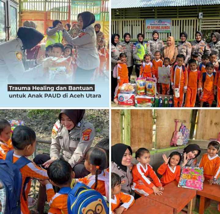 POLWAN POLRES LHOKSEUMAWE GELAR TRAUMA HEALING DAN PENYALURAN BANTUAN UNTUK ANAK-ANAK PAUD KB SAYANG BUNDA ACEH UTARA – BAGIAN DARI PROGRAM POLWAN PEDULI KEMANUSIAAN UNTUK PEMULIHAN PASCA-BANJIR