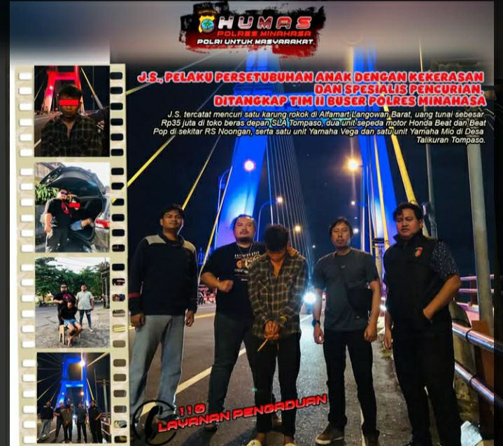 TIM II BUSER POLRES MINAHASA BERHASIL MENANGKAP PELAKU J.S. – TERLIBAT PERSETUBUHAN ANAK DENGAN KEKERASAN DAN SPESIALIS PENCURIAN, PELAKU YANG SEMULA MELARIKAN DIRI DIMANFAATKAN DALAM WAKTU TIGA HARI