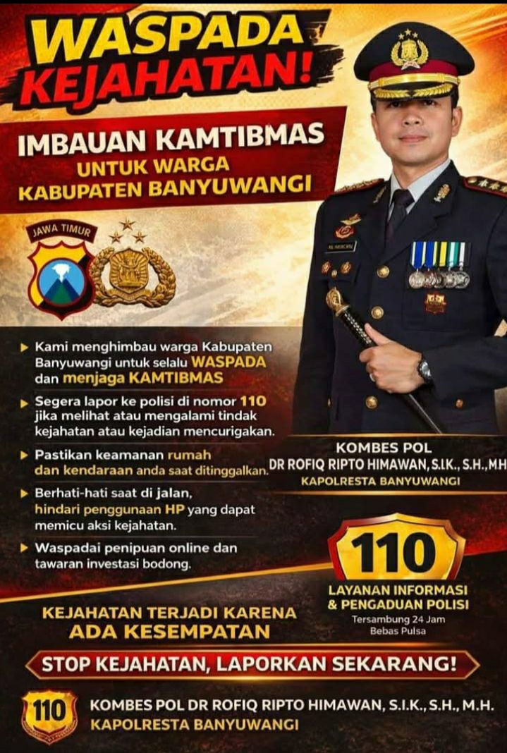 SIAGA 24 JAM, KAPOLRESTA BANYUWANGI MINTA WARGA JANGAN RAGU LAPOR KE CALL CENTER 110 – KOMITMEN LAYANAN TANPA JEDA UNTUK JAGA KAMTIBMAS DAN TEKAN KRIMINALITAS