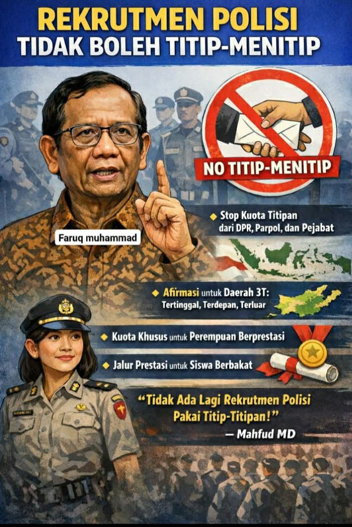 REFORMASI REKRUTMEN POLRI: MAHFUD MD KONFIRMASI TIDAK ADA LAGI PRAKTIK TITIP-MENITIP, ADA JALUR AFIRMASI BERBASIS KEBUTUHAN NEGARA