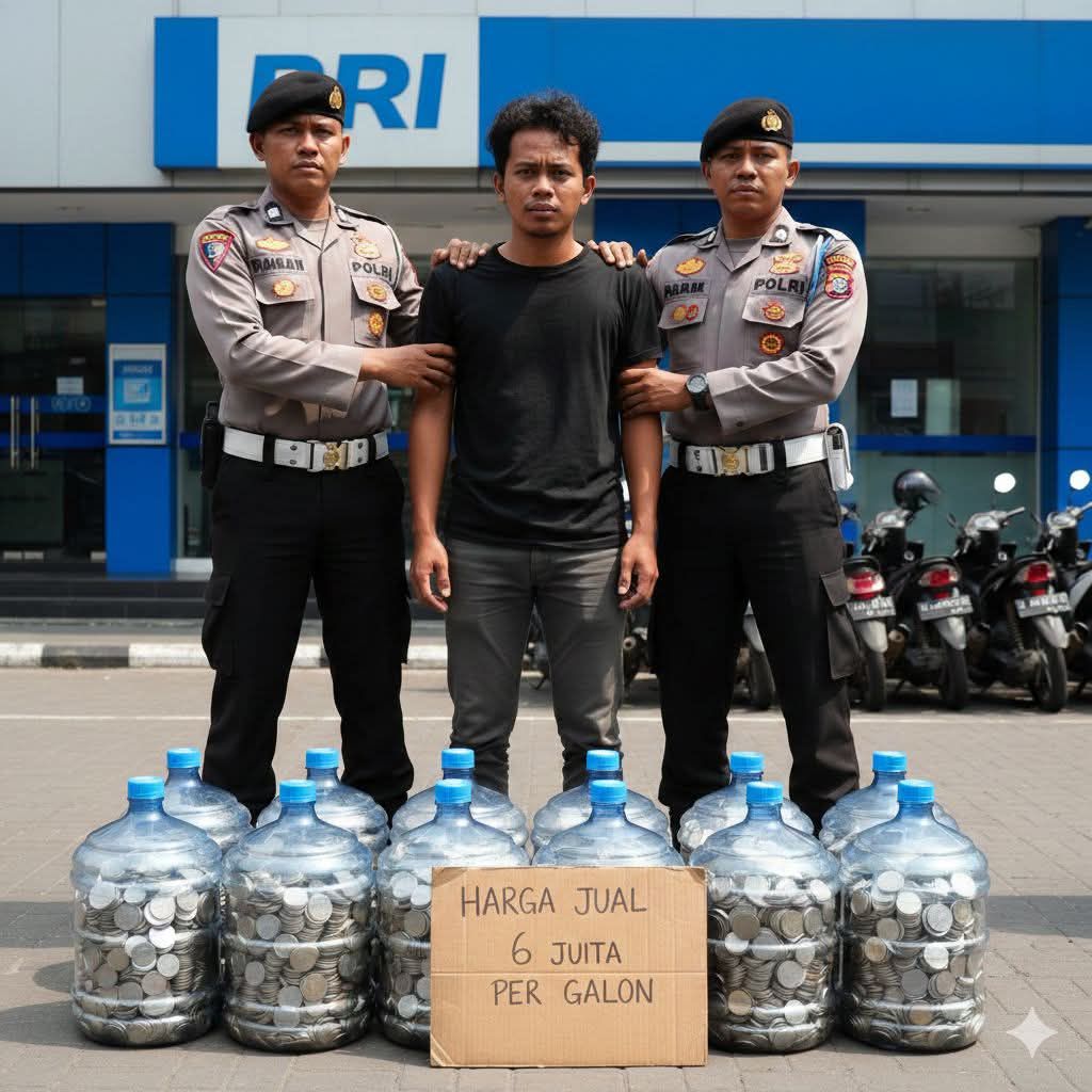 NIMBUN UANG KOIN DI GALON AIR UNTUK MENDIDIK ANAK, PRIA PEMULUNG DITANGKAP POLISI DI DEPAN BANK