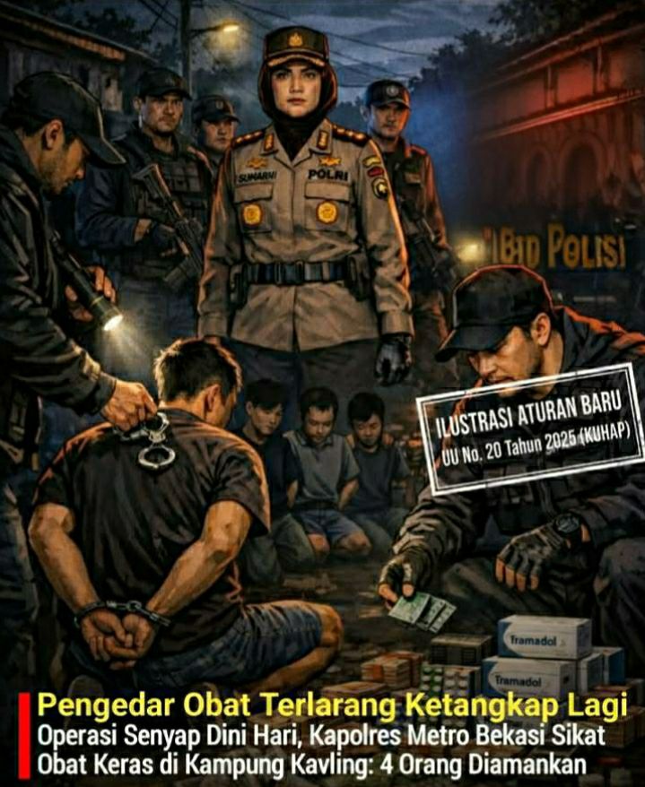 “OPERASI SENYAP DINI HARI DI KAMPUNG KAVLING BEKASI – KAPOLRES METRO BEKASI KOMBES SUMARNI PIHAKNYA MEMIMPIN LANGSUNG, 4 ORANG DIAMANKAN BARENG OBAT KERAS TRAMADOL & HEXYMER, DIJAMIN BEKASI AKAN BEBAS DARI NARKOBA”