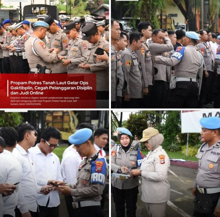 Polres Tanah Laut Gelar Operasi Penegakan Ketertiban dan Disiplin – Propam Periksa Kelengkapan Administrasi, Sikap Tampang, Senjata Api, hingga Ponsel untuk Cegah Penyalahgunaan Judi Online