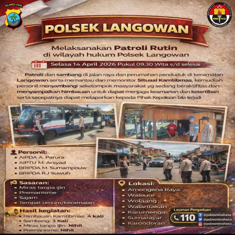 POLSEK LANGOWAN GELAR PATROLI RUTIN, PASTIKAN KONDISI KAMTIBMAS TETAP AMAN DAN KONDUSIF